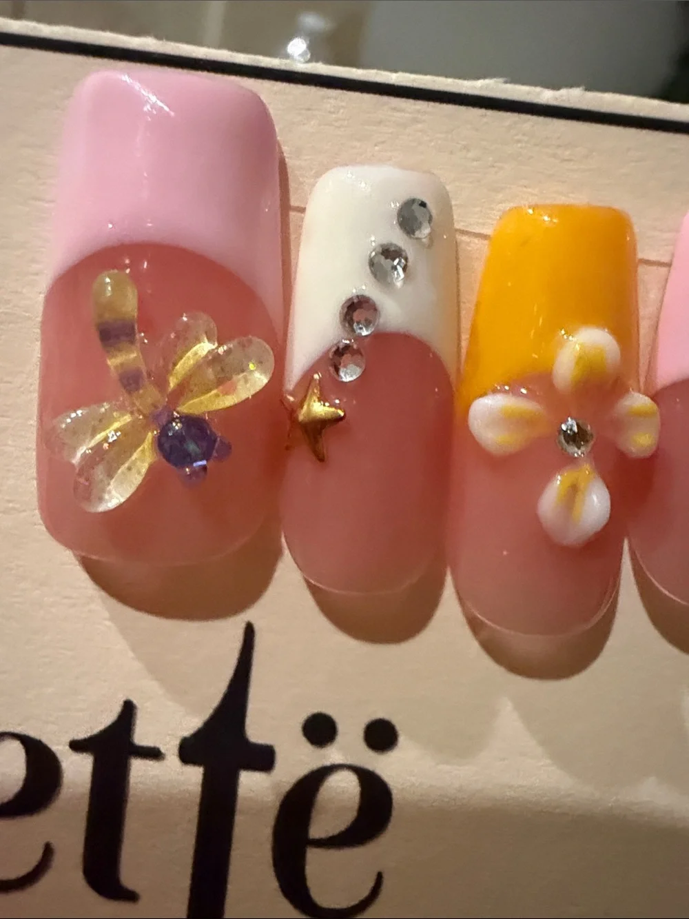 Pink, White & Yellow Floral handmade acrylic Press-On Nail Set